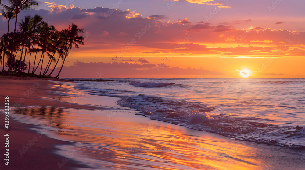 Golden Sunset Over Tranquil Beach with Silhouetted Palm Trees and Gentle Ocean Waves Golden Sunset Over Tranquil Beach with Silhouetted Palm Trees and Gentle Ocean Waves