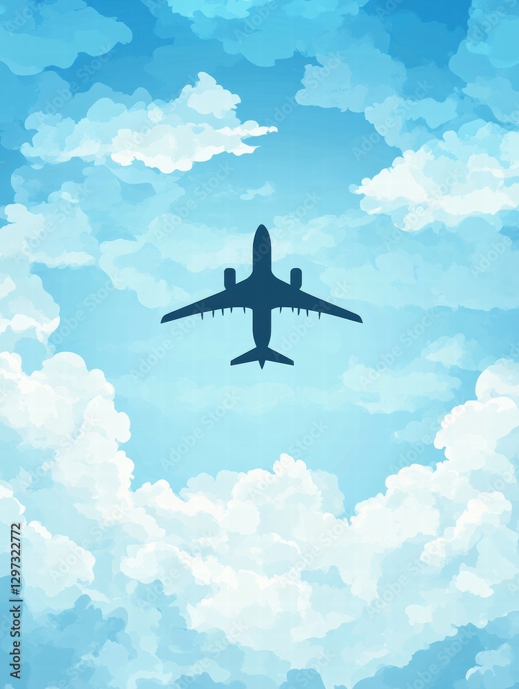 Fototapeta premium Flight over a blue sky with soft white clouds, capturing a serene moment of air travel and adventure in the daytime. Generative AI
