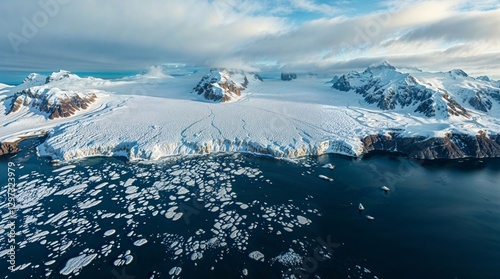 Aerial View of a Vast Arctic Glacier with Floating Ice in the Ocean
