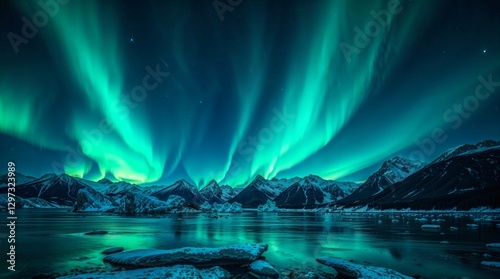  Northern Lights Over Snowy Mountains and Frozen Lake