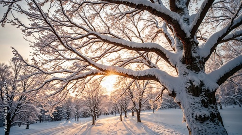 Snowy Tree in Winter Park with Golden Sunrise