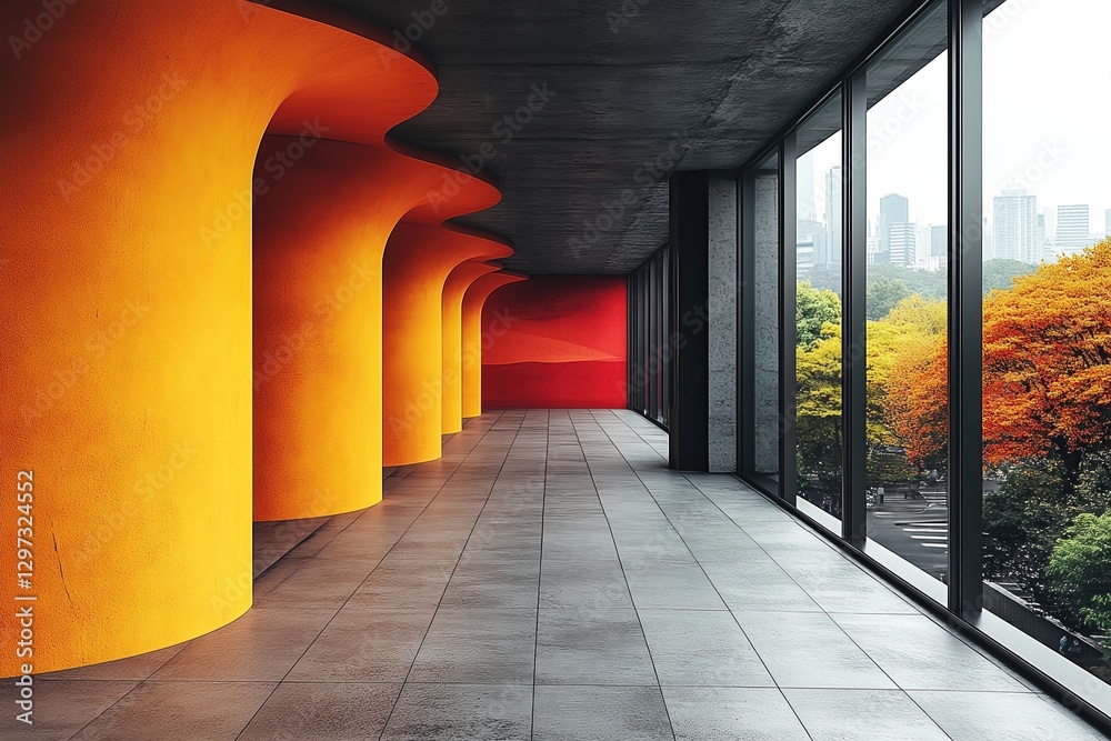 Fototapeta premium Vibrant interior design with bold columns and large windows overlooking an urban landscape