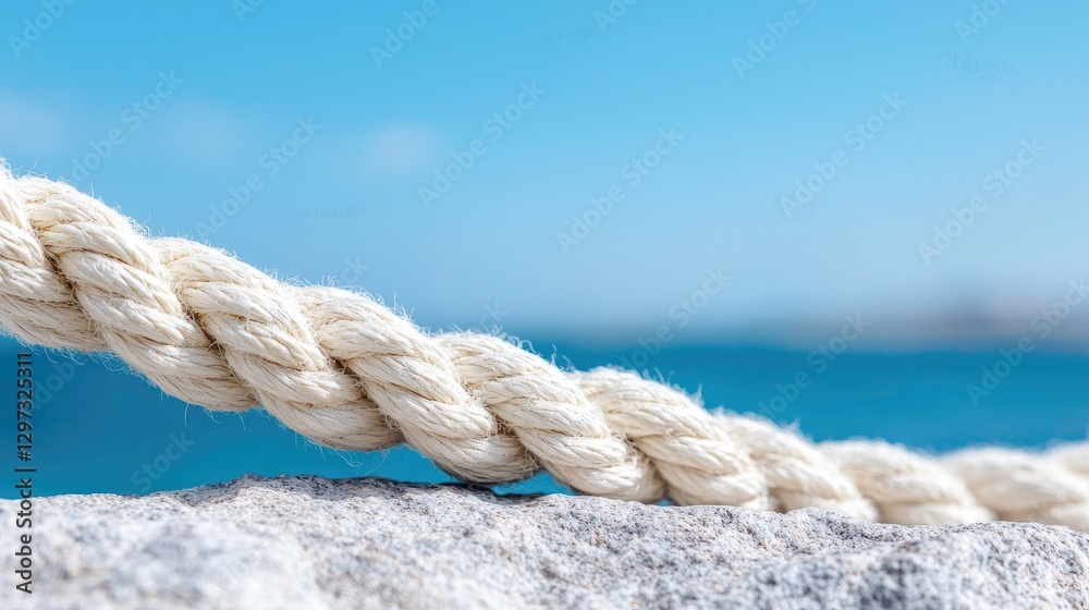 Fototapeta premium Thick white nautical rope resting on a rough stone surface against a blurry blue sea background during a bright day.