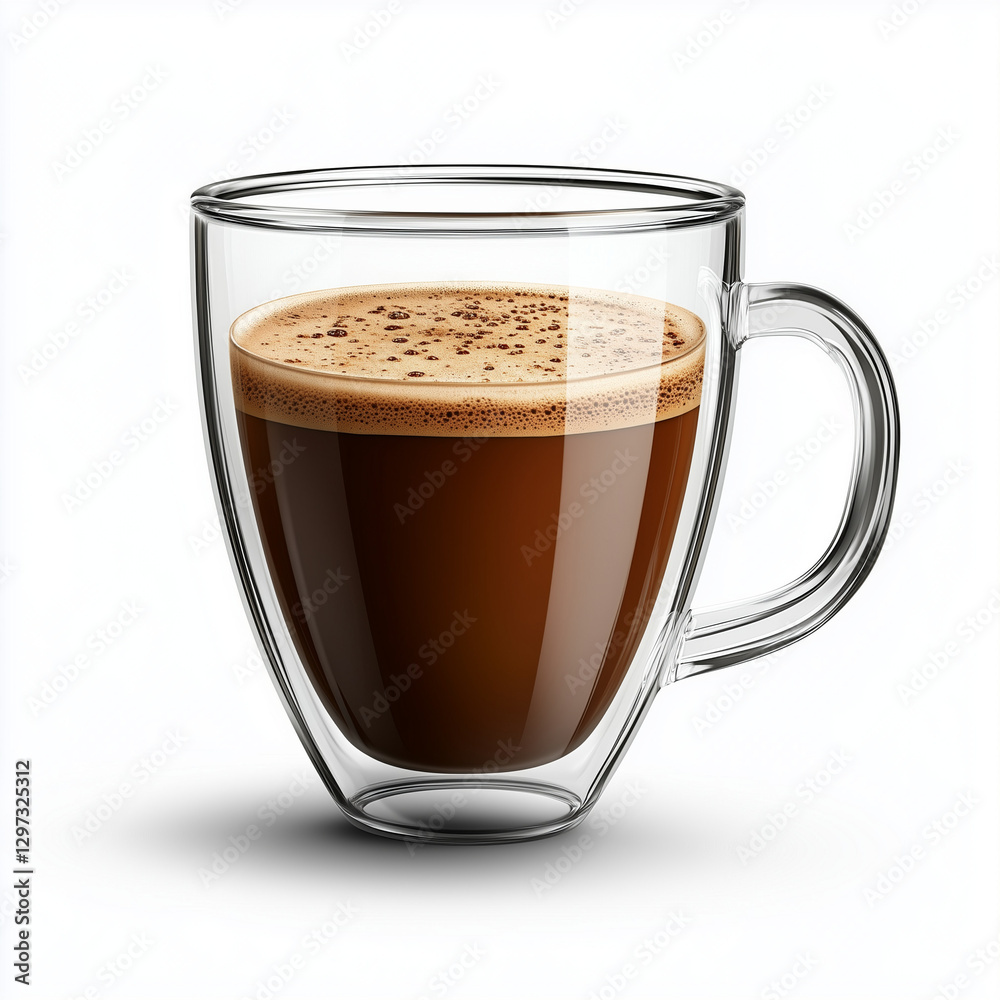 Transparent double wall glass mug with espresso coffee isolated on white background