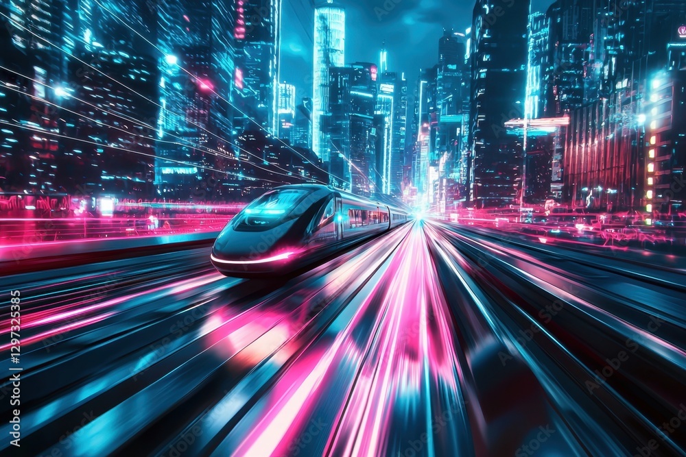 Fototapeta premium Blurred motion of a sleek futuristic bullet train moving through a cyber city