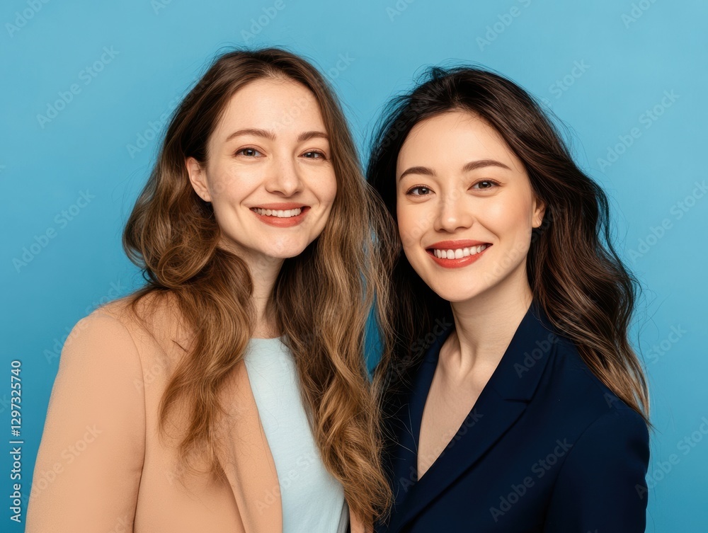 Two women smiling, portrait, studio shot, professional, possible use in business, advertising, or social media Two women smiling, portrait, studio shot, professional, possible use in business, advertising, or social media