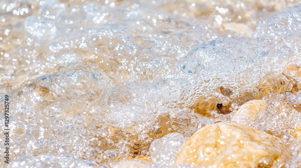 Ocean waves crashing on pebbles, sunny beach background, summer vacation Ocean waves crashing on pebbles, sunny beach background, summer vacation