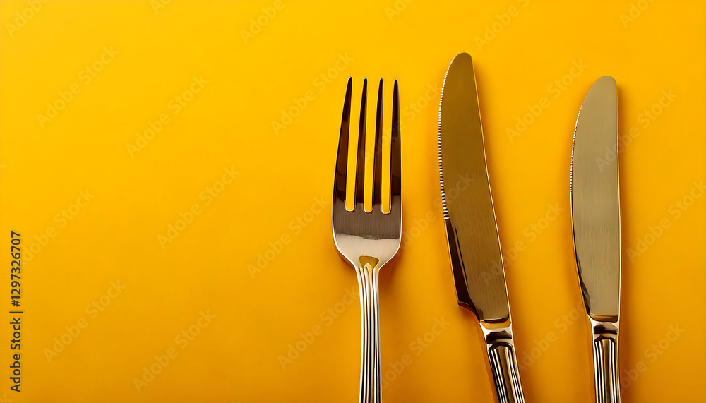 Luxury Golden Cutlery on Vibrant Yellow Background
