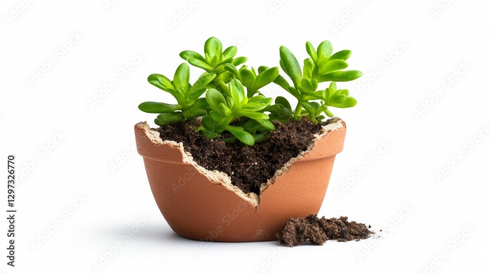 Cracked clay pot with succulents and soil isolated on white background. Generative AI Cracked clay pot with succulents and soil isolated on white background. Generative AI