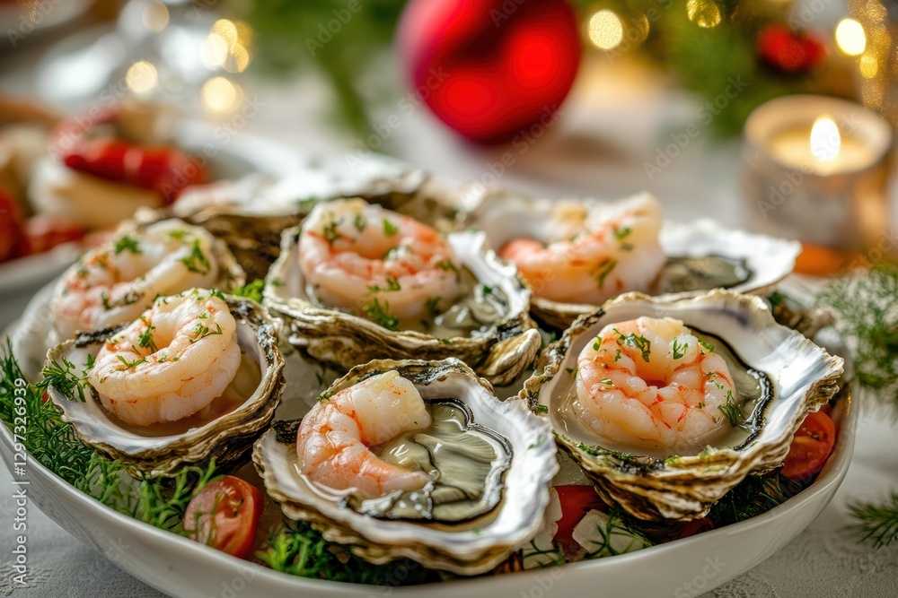 Seafood dishes featuring oysters and shrimp at a festive holiday dinner Seafood dishes featuring oysters and shrimp at a festive holiday dinner