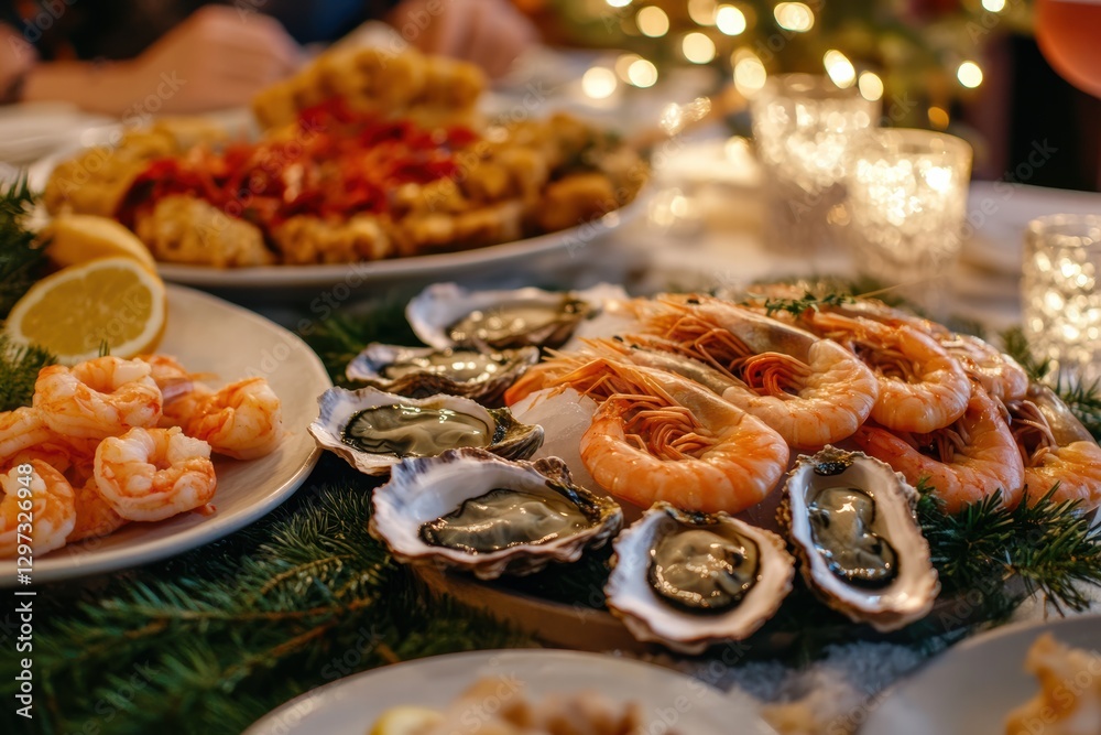 Seafood feast featuring oysters and shrimp at a festive holiday dinner Seafood feast featuring oysters and shrimp at a festive holiday dinner