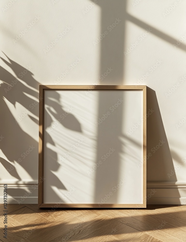 Empty frame, sunlight, shadows, plant, interior design mockup Empty frame, sunlight, shadows, plant, interior design mockup