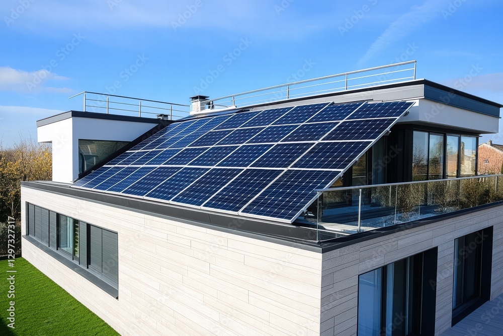 Fototapeta premium Solar panels harnessing energy on a modern house roof in bright daylight