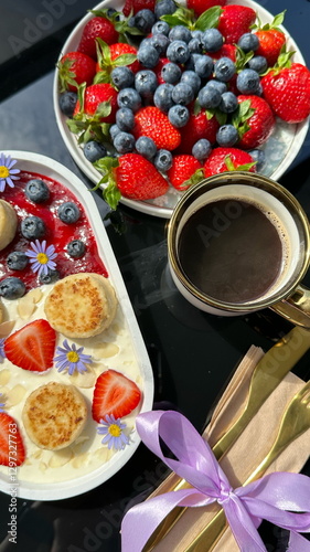 Morning healthy breakfast with aromatic black coffee.