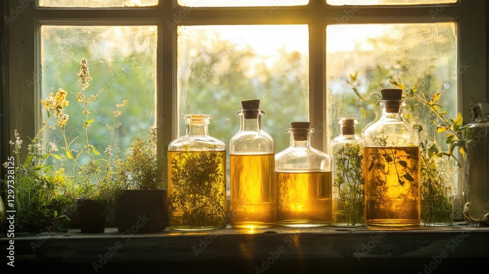 Golden Herbal Oils in Glass Bottles Basking in Sunlight Golden Herbal Oils in Glass Bottles Basking in Sunlight
