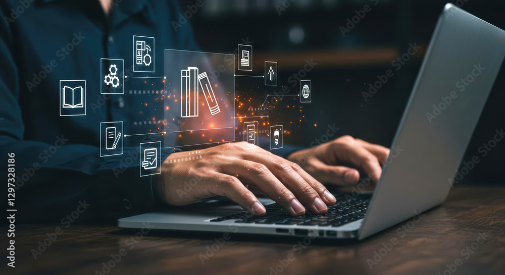 Obraz premium Businessman using laptop with virtual education and knowledge management system