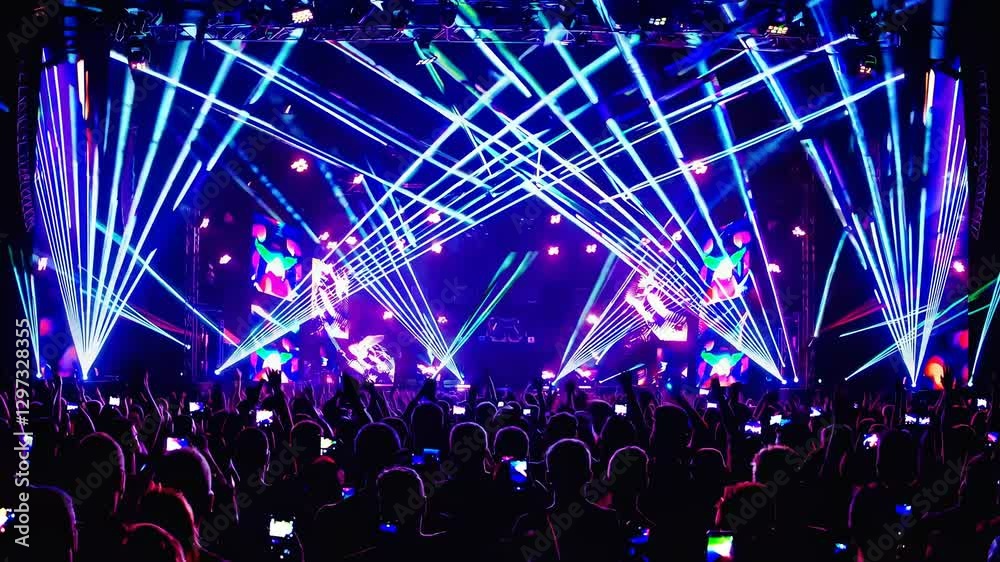A vibrant concert scene with colorful laser lights and a cheering crowd, captured from a low-angle, reminiscent of a live music video experience.