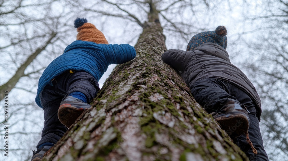 Children climbing tree, winter woods, playful exploration Children climbing tree, winter woods, playful exploration