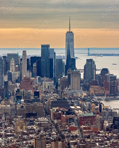 A landscape view of Lower Manhattan in New York City with One World Trade Center in the background.