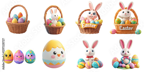 Easter object png set collection in 3d transparent no background in plasticine concept.