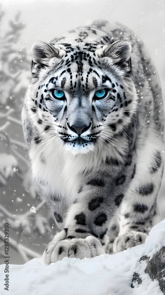 Obraz premium Majestic Snow Leopard: A Glimpse into the Wild Amidst Sub-Zero Temperatures