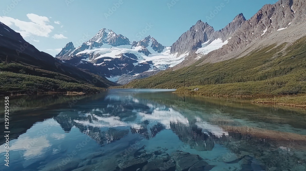 Serene mountain lake reflecting snow-capped peaks. (2) Serene mountain lake reflecting snow-capped peaks. (2)