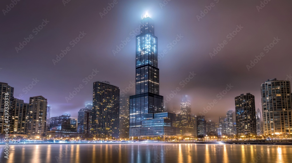 Obraz premium Illuminated skyscraper in foggy city nightscape.