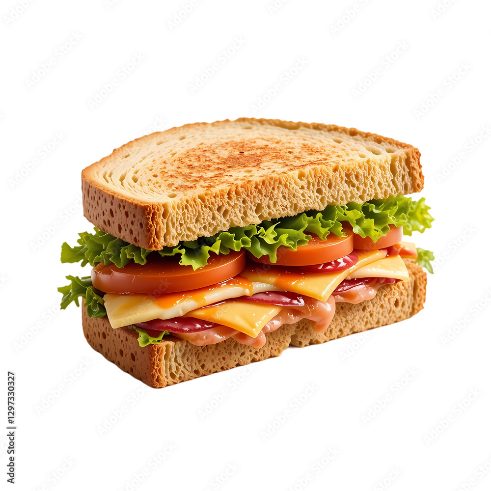 Delicious Whole Wheat Sandwich: Tomato, Cheese, Lettuce isolated on transparent background Delicious Whole Wheat Sandwich: Tomato, Cheese, Lettuce isolated on transparent background