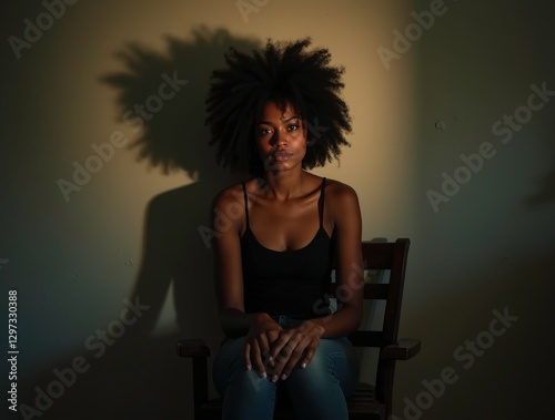 woman sitting with a broken shadow on the wall in dim light, depicting a split personality