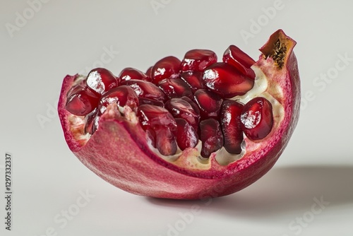 Close-up of juicy pomegranate slice with vibrant seeds photo