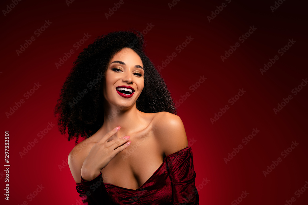 Photo of positive nice lady touch chest breast enjoying festive event laughing wear satin gown outfit Photo of positive nice lady touch chest breast enjoying festive event laughing wear satin gown outfit