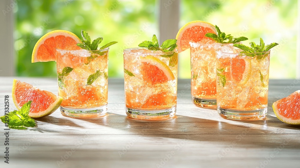 Refreshing grapefruit cocktails, sunny garden background, summer drinks Refreshing grapefruit cocktails, sunny garden background, summer drinks