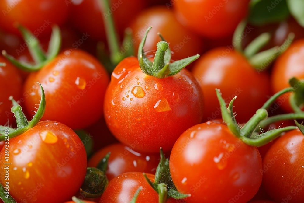 Fresh ripe cherry tomatoes with water droplets in close-up view