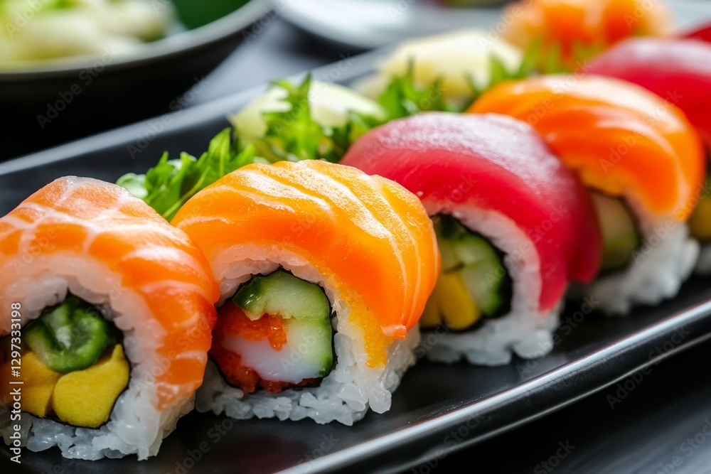 Colorful sushi rolls with fresh salmon and tuna on black plate Colorful sushi rolls with fresh salmon and tuna on black plate