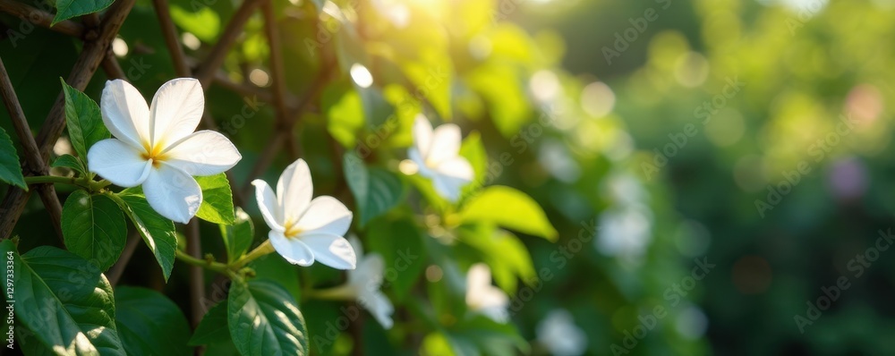 Abundant jasmine flowers climbing garden trellis, sunlight , leaves, garden scene Abundant jasmine flowers climbing garden trellis, sunlight , leaves, garden scene