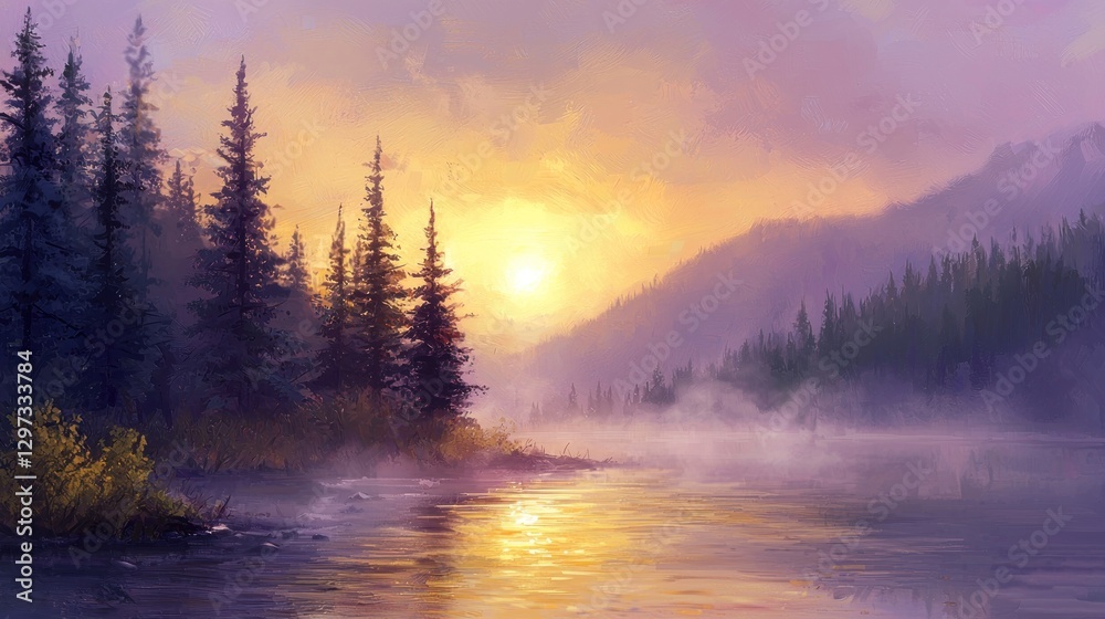 Serene sunset over misty river and pine trees. Serene sunset over misty river and pine trees.
