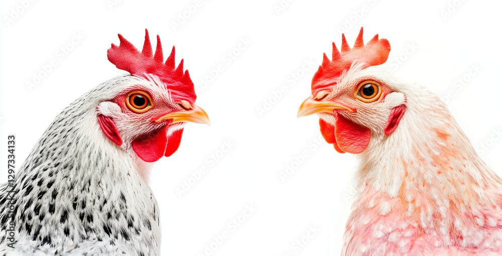 Fototapeta premium chickens facing each other with detailed feathers, red combs, and wattles, ideal for farm themes, organic food marketing, and rural lifestyle photography