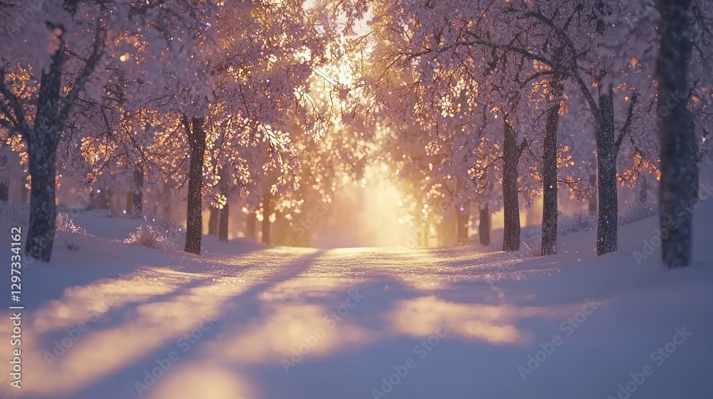 Sunlit snowy path through winter forest. (4)