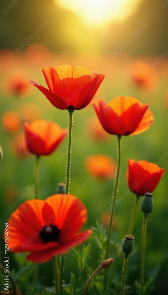 Obraz premium Vibrant red poppies bloom in a sun-drenched summer meadow , day, summer day