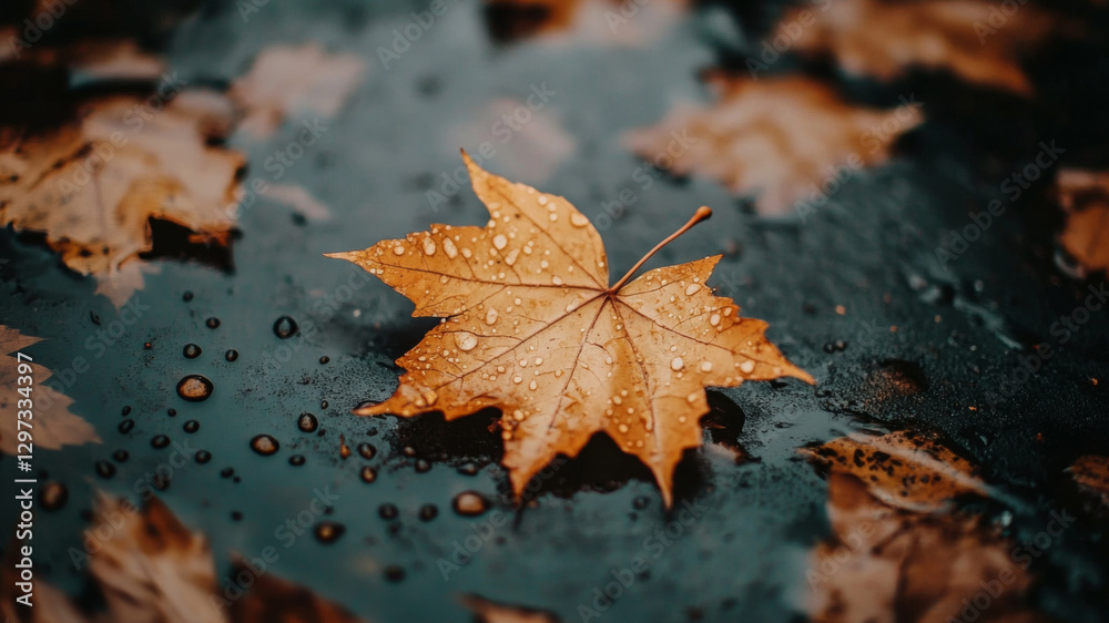 Golden autumn leaf resting on wet surface after rain Golden autumn leaf resting on wet surface after rain