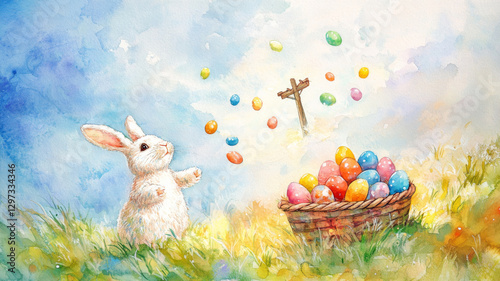 Easter Bunny with Colorful Eggs and Cross in a Watercolor Style