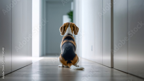 a dog in the hallway with its back to the camera is waiting for its owner