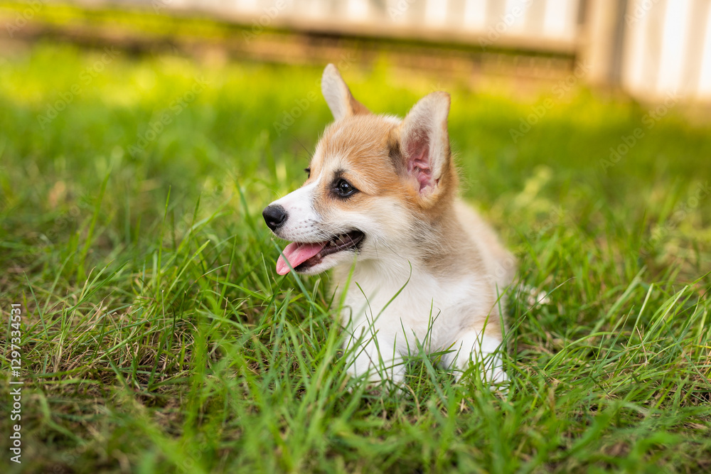 Little Corgi puppy walking and playing on a summer green lawn. Little Corgi puppy walking and playing on a summer green lawn.