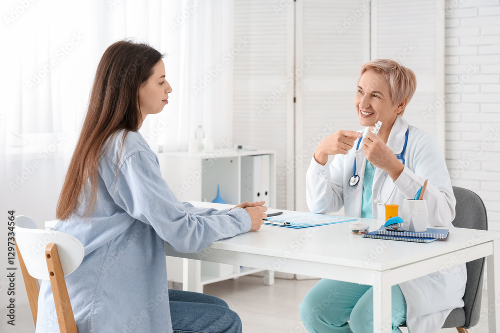Obraz premium Happy mature female doctor giving pills to patient in clinic