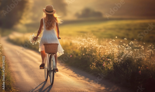 A woman riding a vintage bicycle along a countryside road, surrounded by lush green fields and wildflowers. There is a bouquet of flowers in the cycle basket.