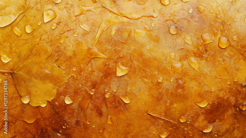 Autumn leaves covered with water droplets on the ground