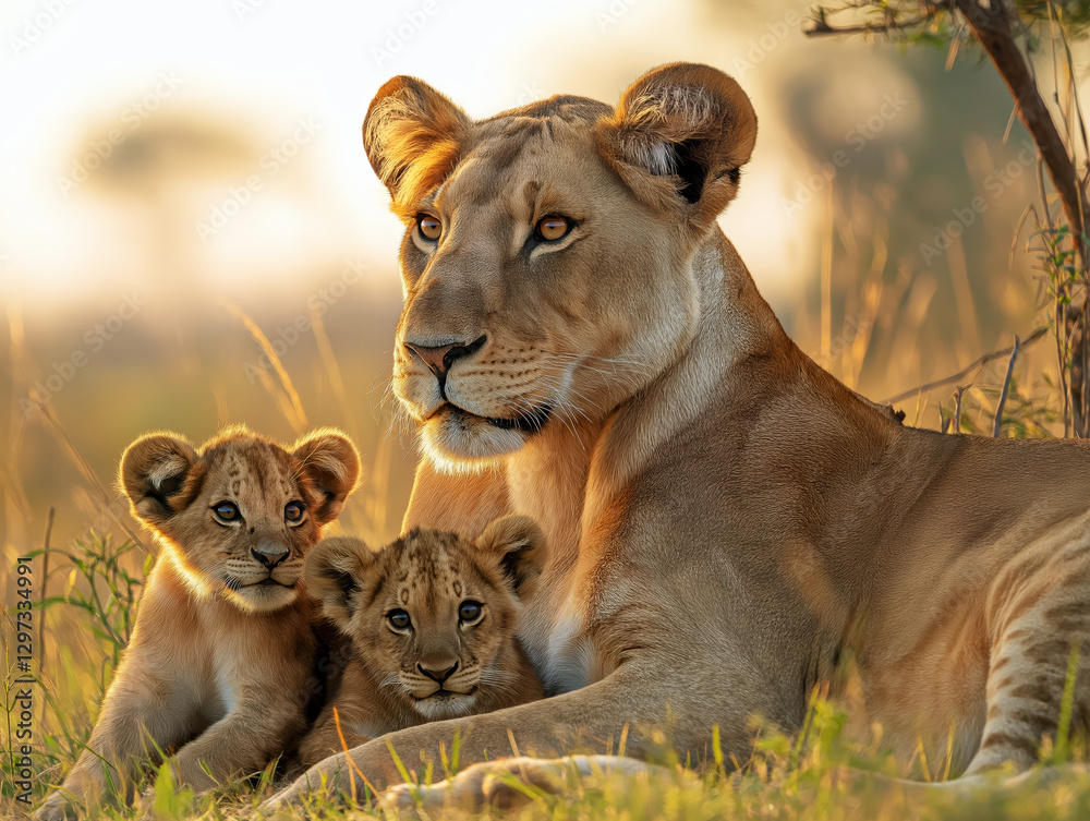 portrait of a lioness with her small cubs on the African Savanna, copy space portrait of a lioness with her small cubs on the African Savanna, copy space