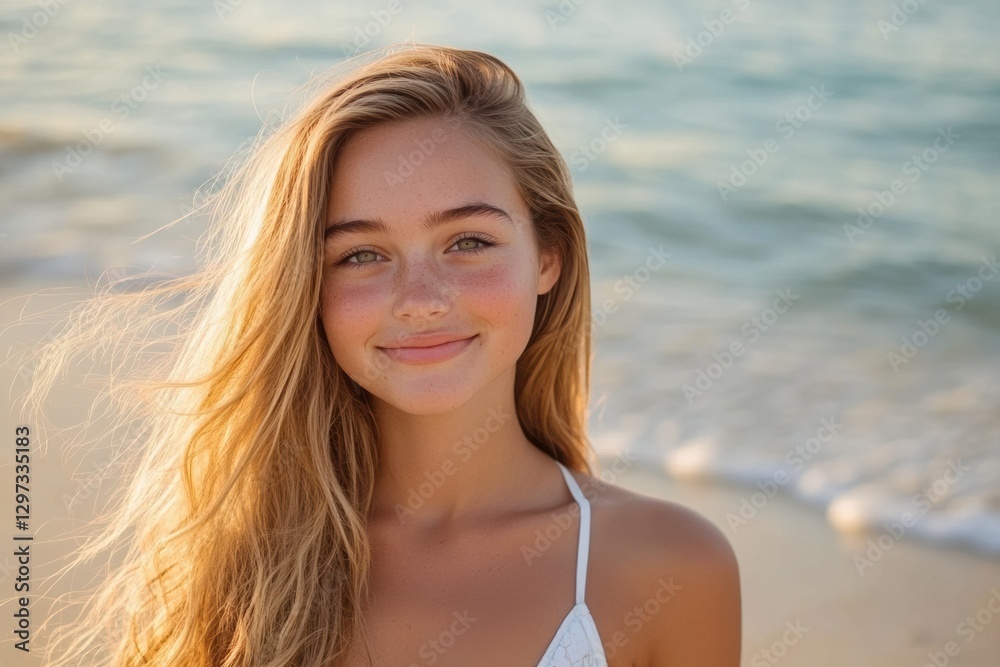 Smiling girl on beach at sunset. Possible use stock photo Smiling girl on beach at sunset. Possible use stock photo