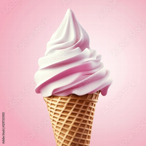 Delicious soft serve ice cream cone with pastel pink swirl against a soft pink background. Generative AI