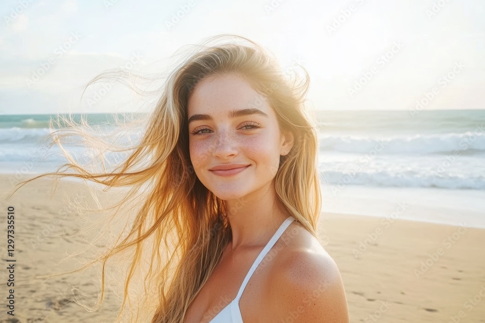 Woman Smiling on Beach at Sunset Woman Smiling on Beach at Sunset